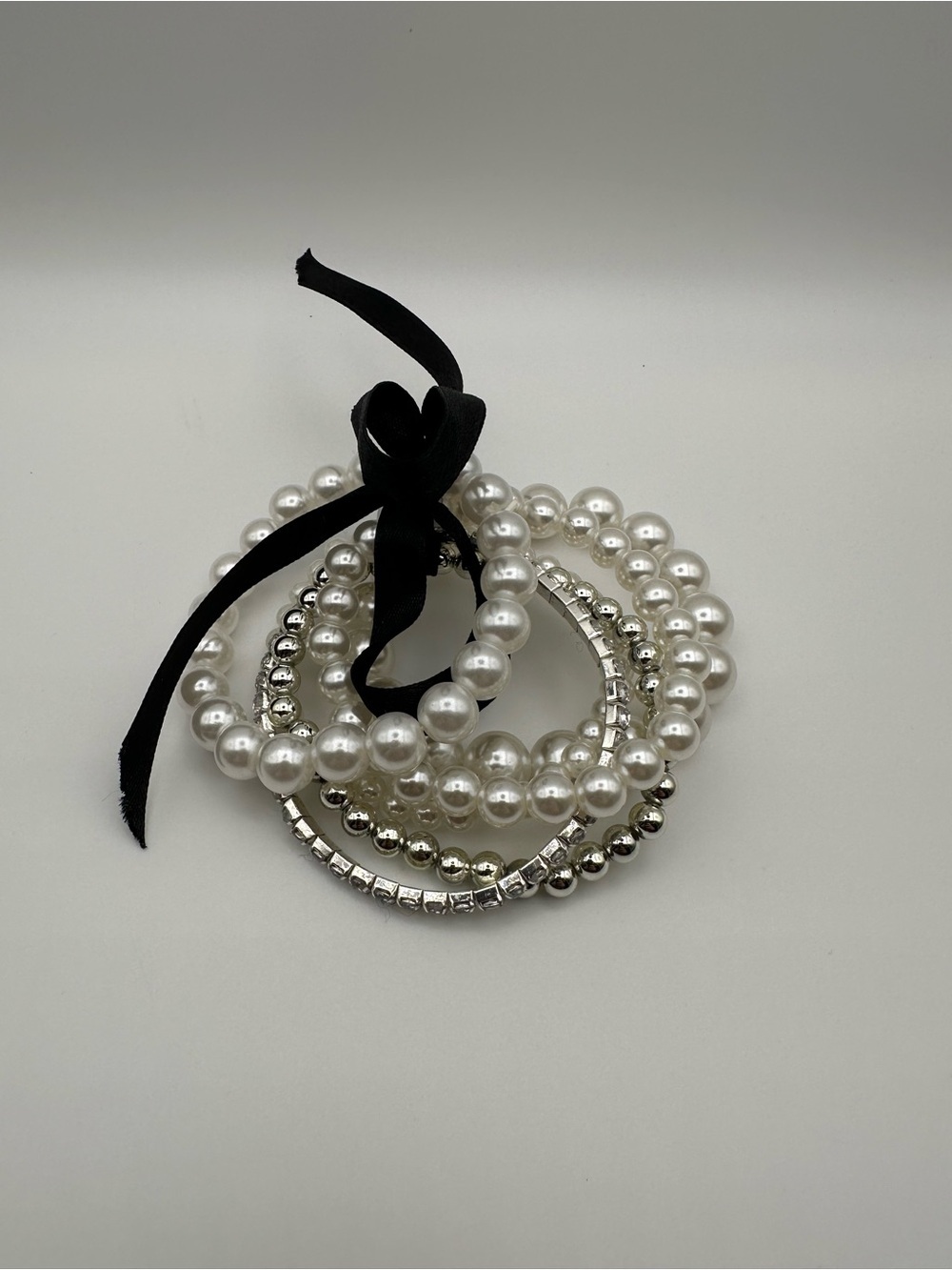 Faux Pearl Rhinestone Stacking Bracelet Set Silver Tone Black Ribbon Bow